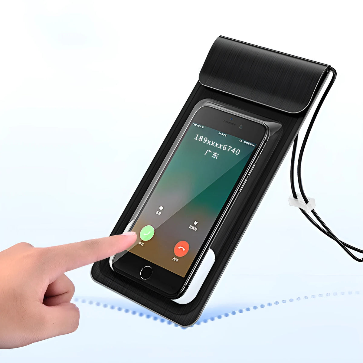 Mobile phone waterproof bag in black with TPU window and synthetic leather edges, 22cm by 10.6cm