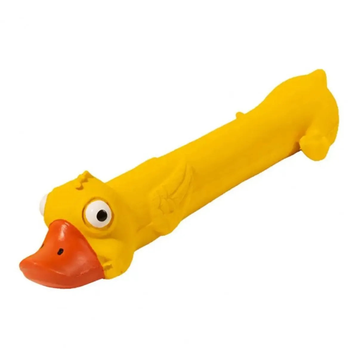 Yellow duck latex dog toy, 26cm long, with built-in squeak sounder for chewing and play