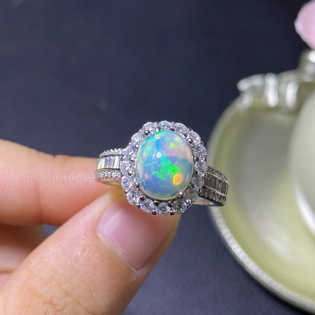 Natural opal stone ring in sterling silver with gold plating on open band