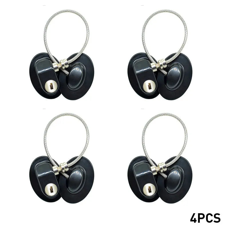 White window security chain lock with 18cm steel cable and locking head on a window frame