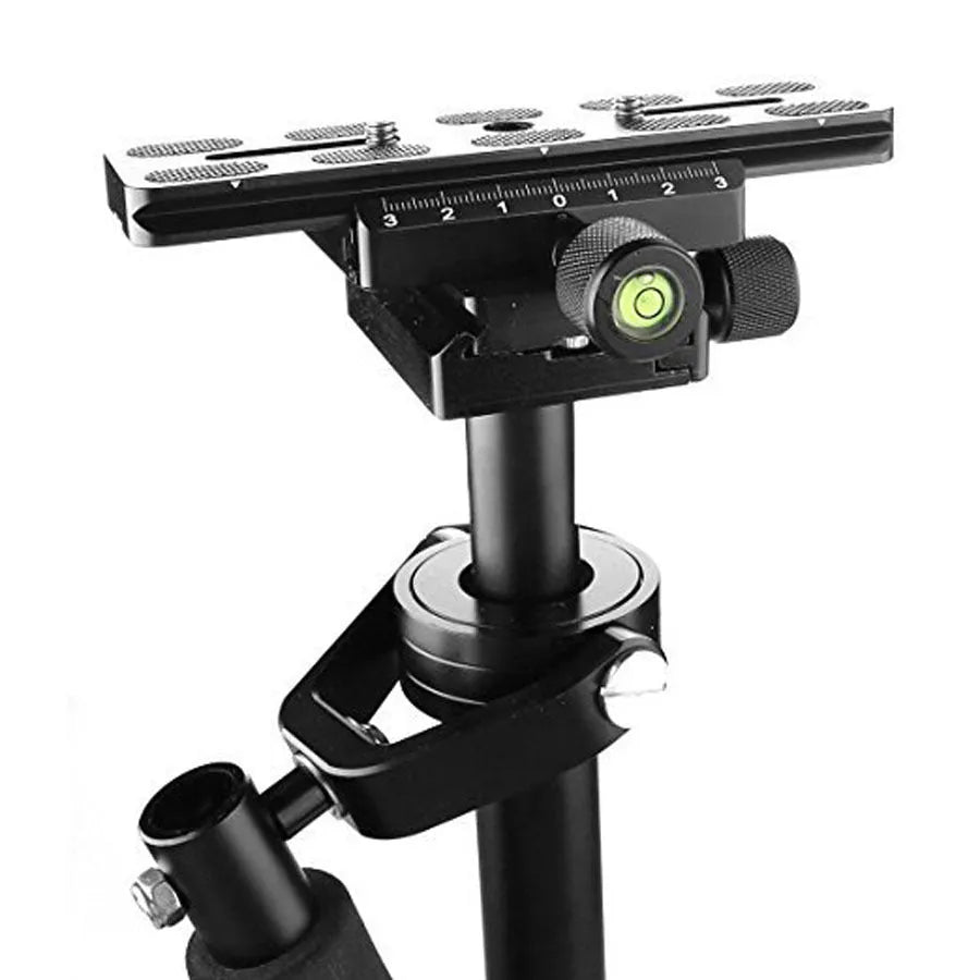 Black aluminum handheld camera stabilizer with adjustable height mechanism and grip handle
