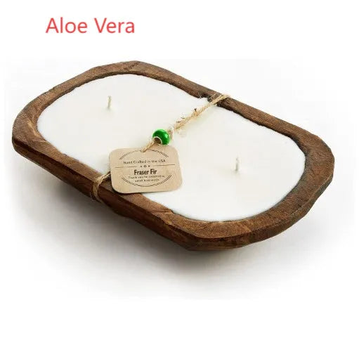 Retro lavender coloured wooden basin containing a soy wax aromatherapy candle with three wicks.