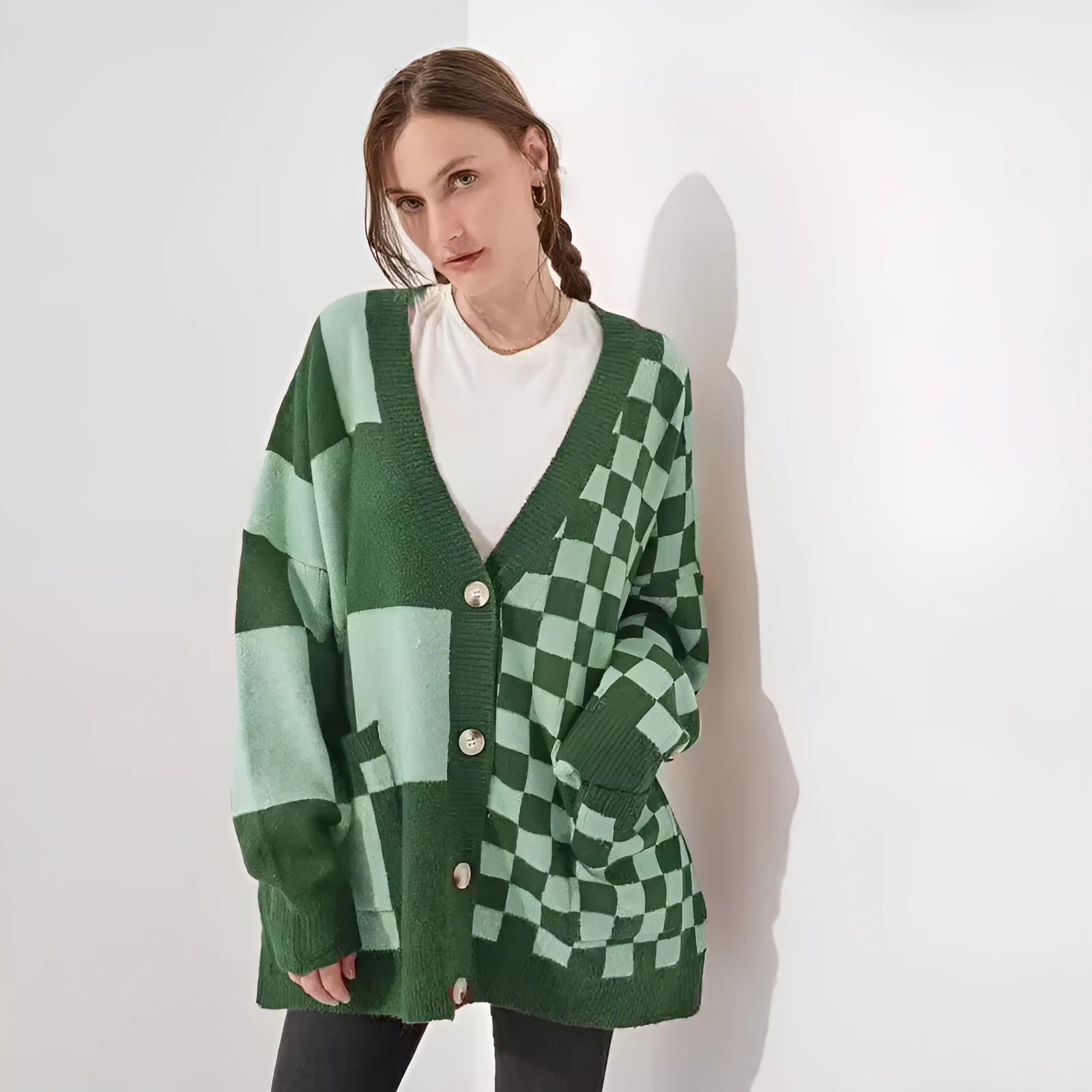 Women's loose slim fit cardigan in a checks print pattern, available in multiple colours.