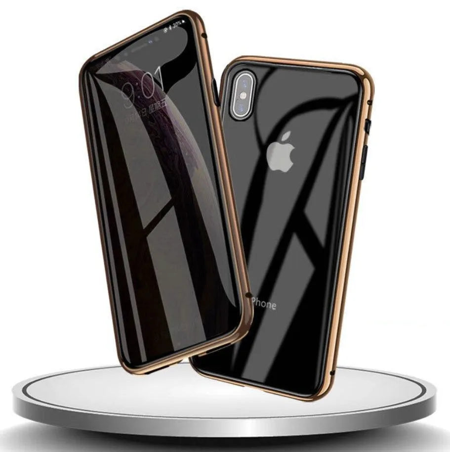 Geometric patterned glass anti-spy clamshell case for iPhone in multiple colours.