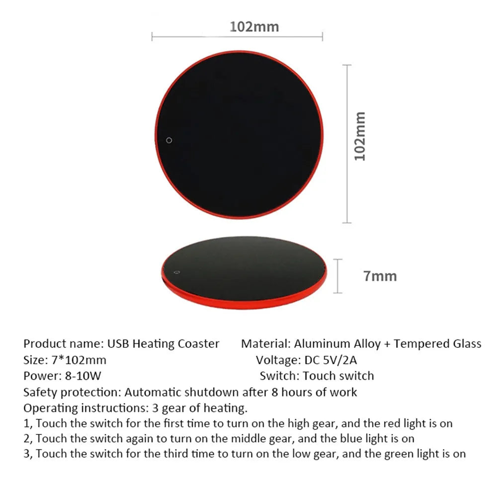 Black USB heating coaster pad for keeping mugs and cups warm on a desk