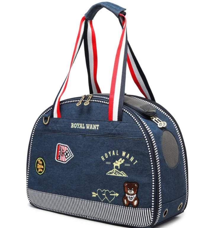 Blue Japanese cartoon style pet diaper bag in denim measuring 43cm by 20cm by 30cm