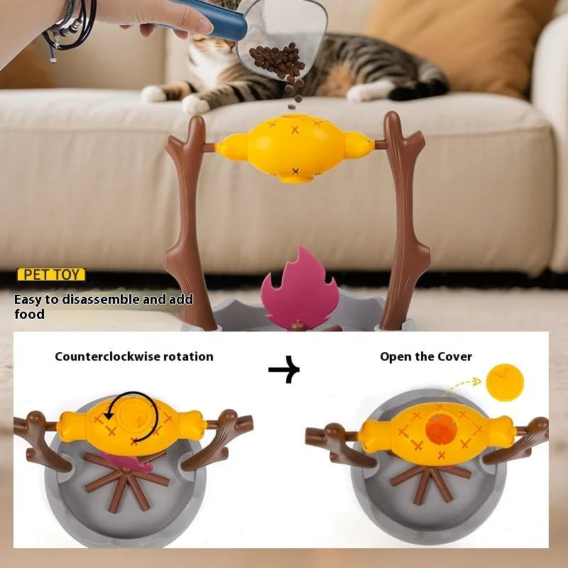 Barbecue-shaped tumbling cat toy with food dispenser, measuring 30x30x29 cm.