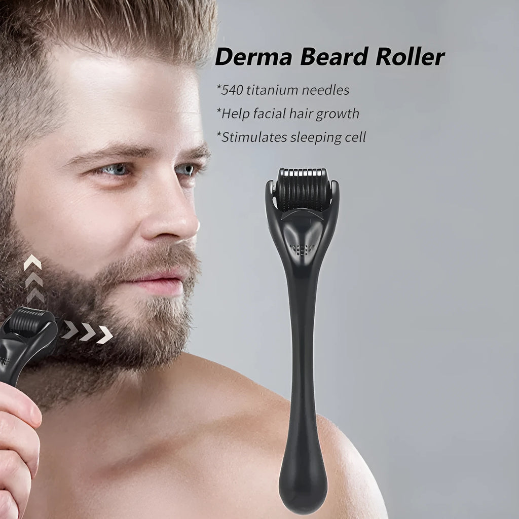 Black and purple derma rollers with titanium microneedles, showing needle size options from 0.2mm to 1mm.