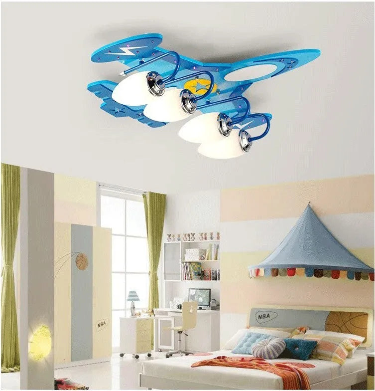 Wood art ceiling lamp with airplane cartoon design and rectangular glass shade for children's rooms