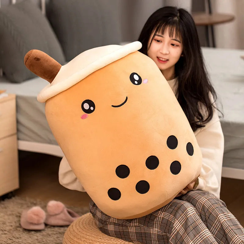 Cute fruit drink plush cushion in pink strawberry shape with embroidered face on short plush fabric