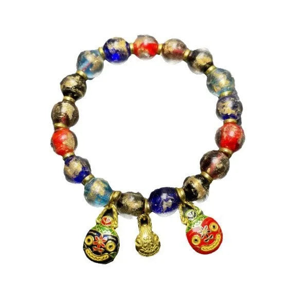 Ancient French Glaze geometric glass bead bracelet with auspicious patterns in red, purple, blue, green, black or colourful.