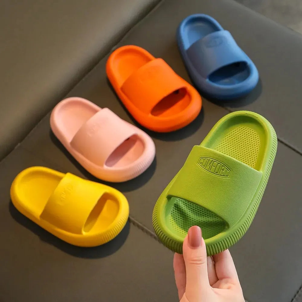Children's mixed colour EVA slippers with a thick non-slip sole, shown in sizes for kids.