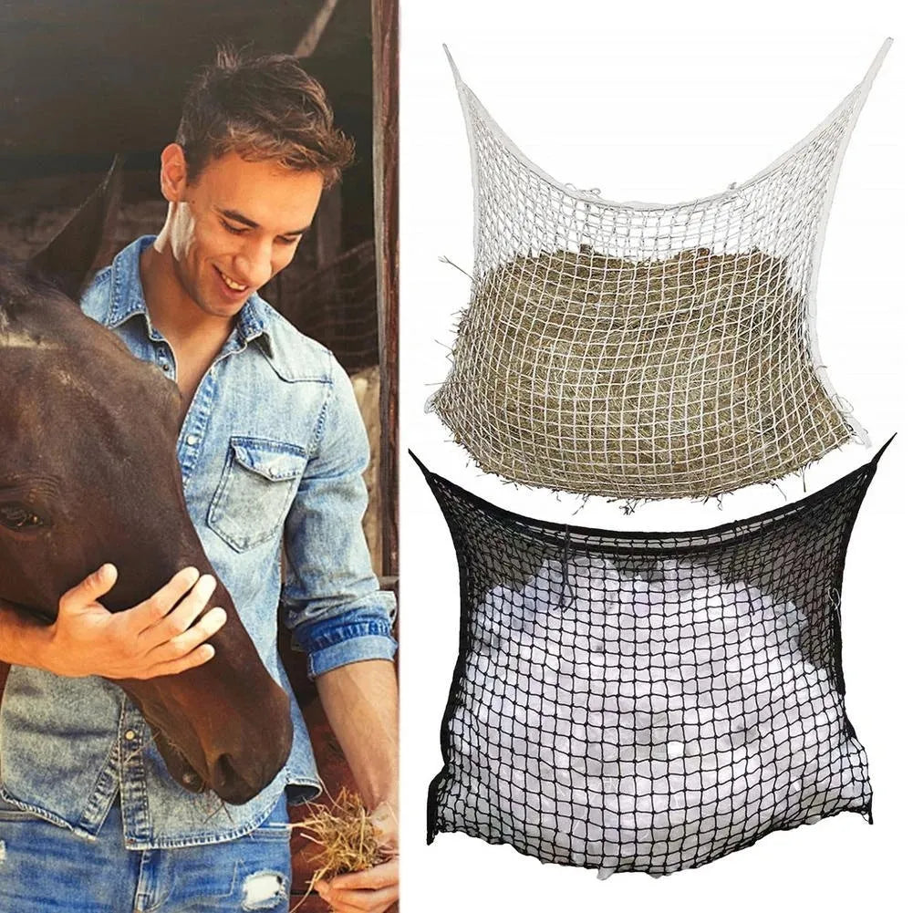 Black woven PE rope grid feeding bag hanging, sized for a horse.
