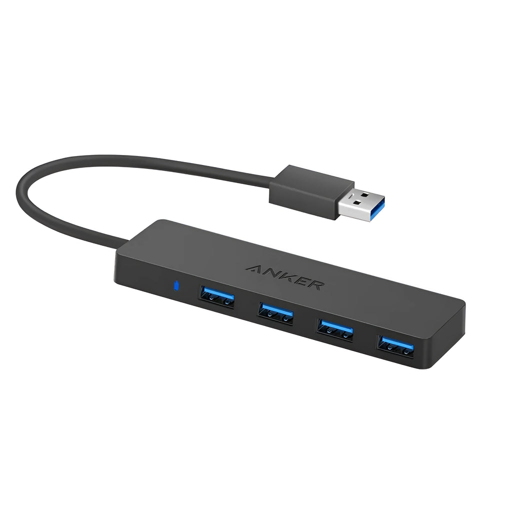 Black Anker 4-port USB 3.0 hub with 200 mm cable, showing four USB ports