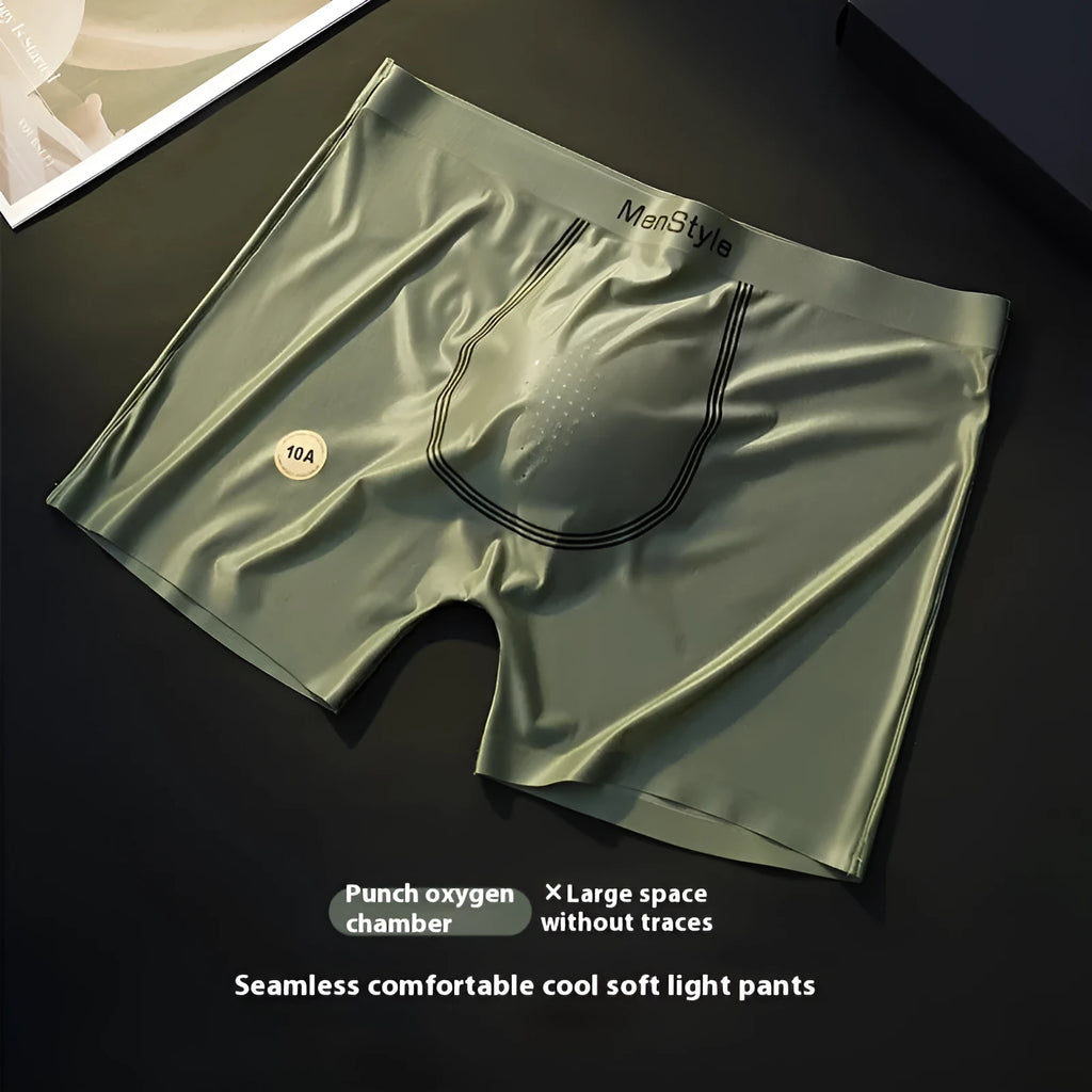 Men's seamless nylon boxer shorts showing single-layer construction and mid waist design