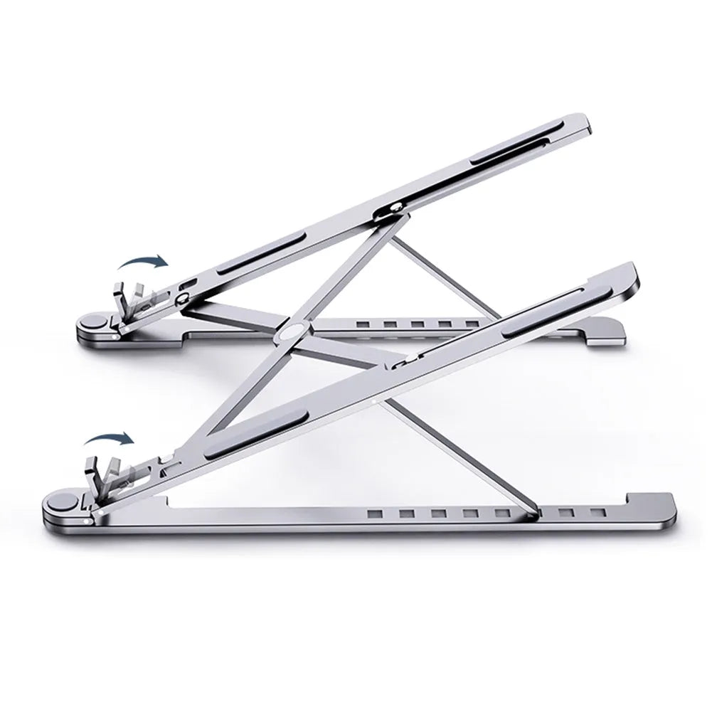 Aluminium foldable laptop stand in silver colour, shown elevated with a laptop on top