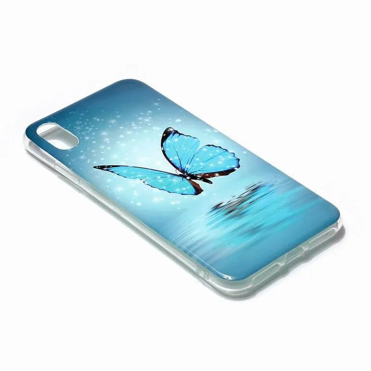 Luminous phone case with cartoon butterfly design for iPhone on transparent TPU background