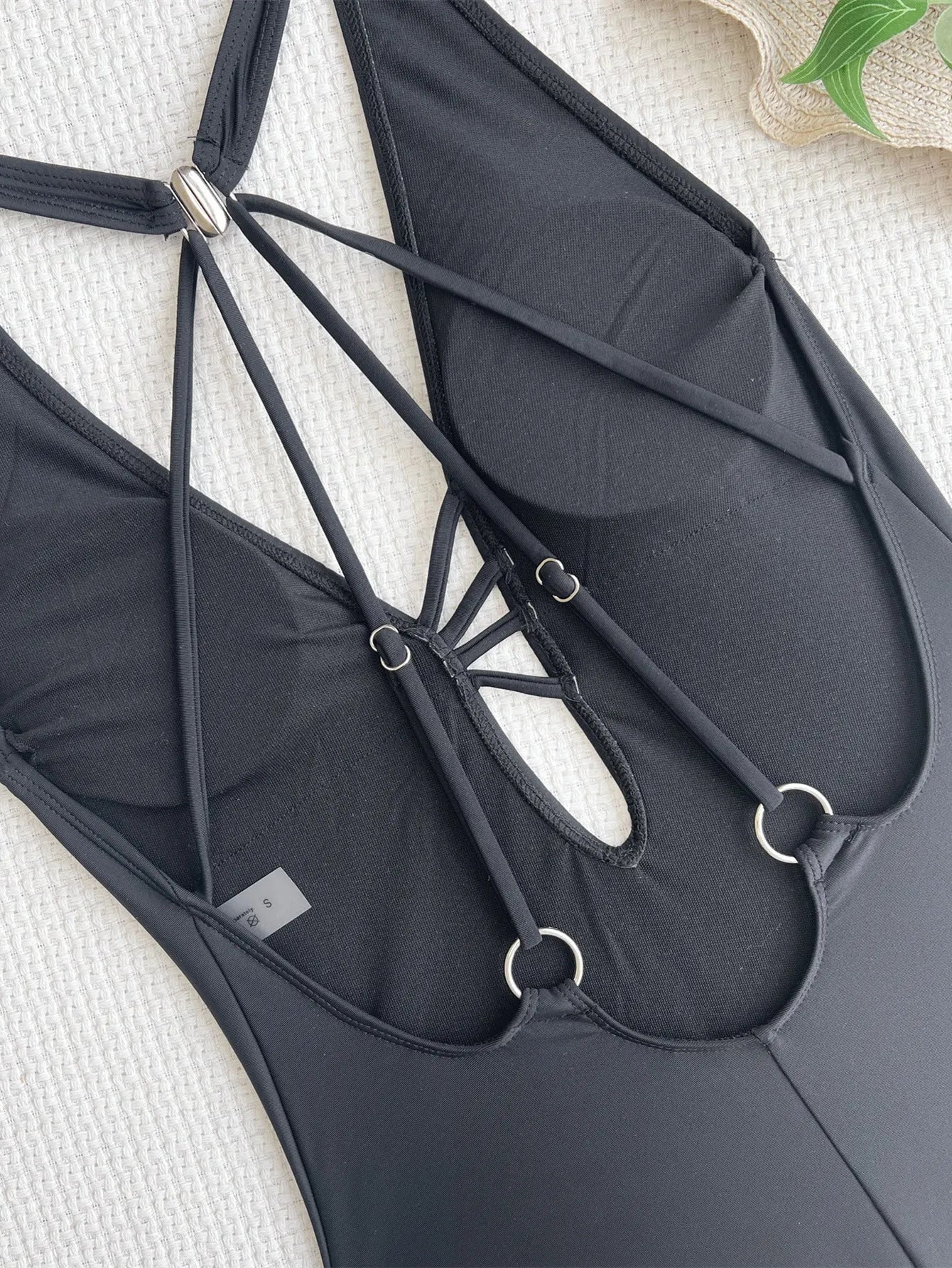 Black solid colour one-piece nylon bikini swimsuit for ladies in Asian sizes