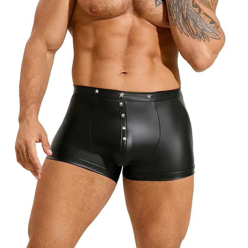 Black men's U pouch boxer shorts in PU leather, showing front design.