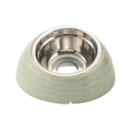 Stainless steel cat bowl feeder available in beige, brown, or light green.