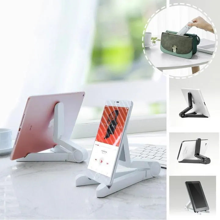 Black foldable tablet holder showing folded size next to tablet for scale