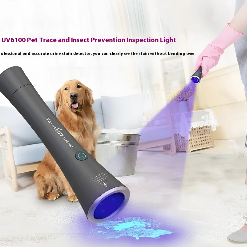 Black anodised aluminium UV flashlight with USB Type-C charging port for pet stain and insect detection.