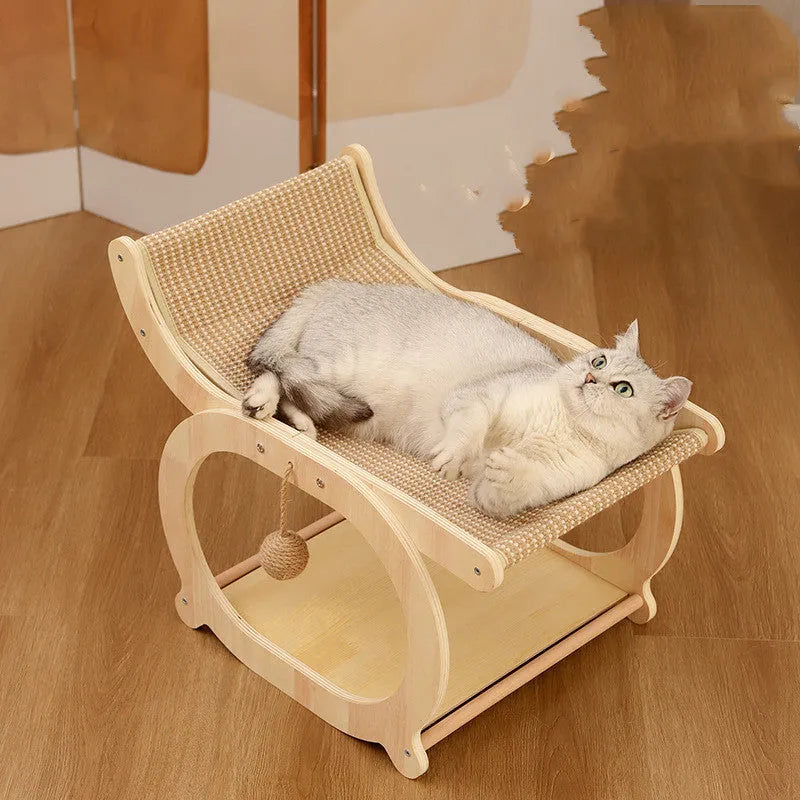 Solid wood sisal cat scratching mat and bed in walnut colour on a wooden floor.