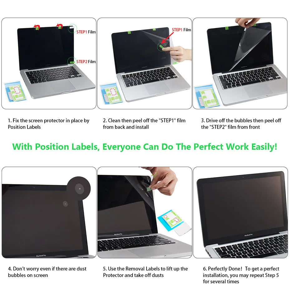 Matte anti-glare screen protector film for 13-inch MacBook Pro with installation tools.