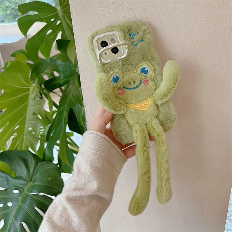 Green flannel cartoon frog phone case with pull-out wave bracket stand for Huawei and iPhone models.