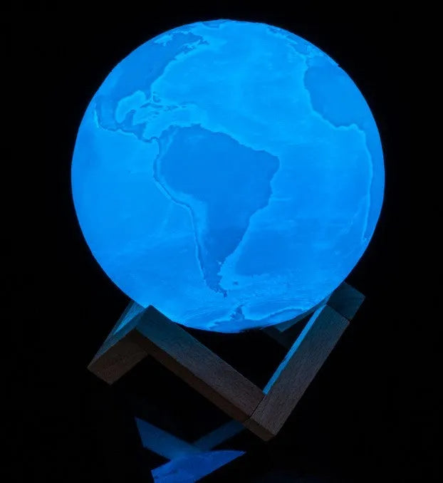 3D printed moon lamp on wooden stand showing lunar surface details with touch control ring