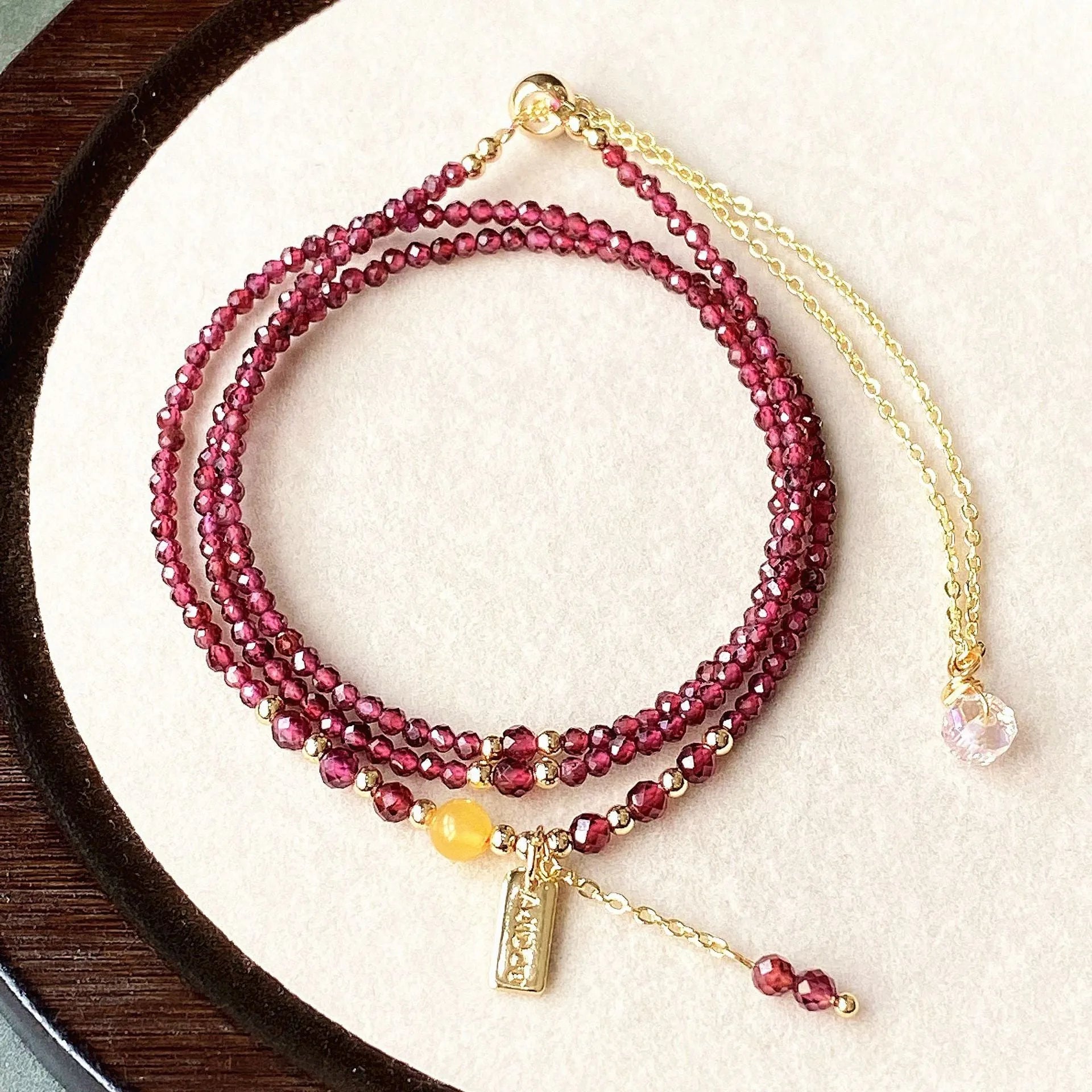 Wine red garnet three circle bracelet and necklace set with 2.5mm electroplated beads