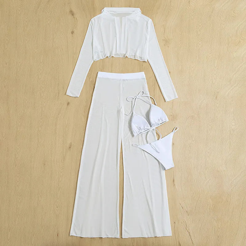 White women's four-piece swimsuit set showing top, high-waist trousers, bra and panties