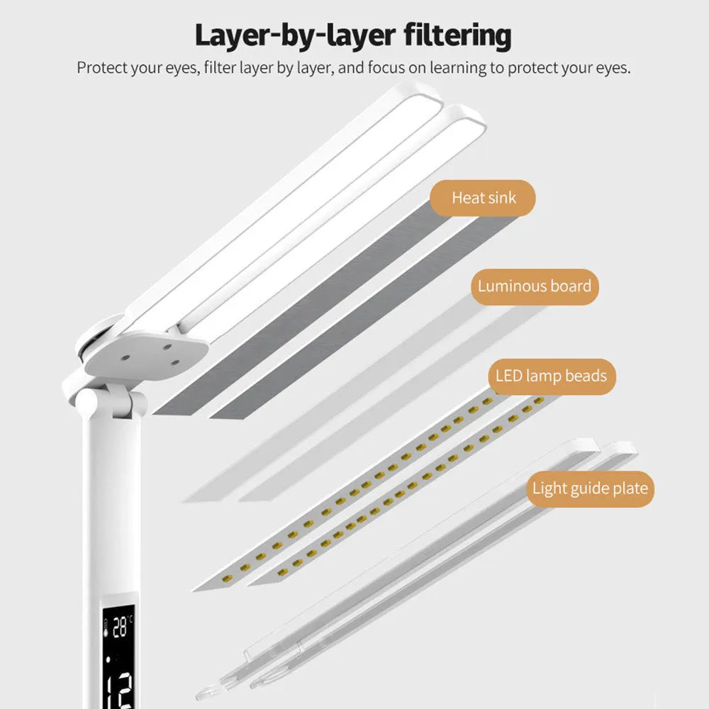 White multifunction LED desk lamp with clock, calendar, pen holder, and USB touch night light on a desk