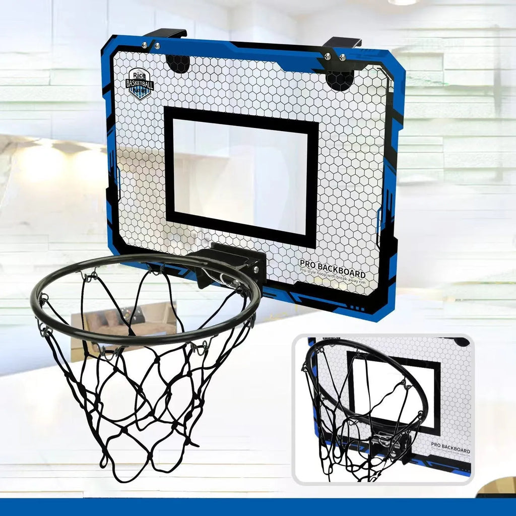 Folding basketball dunk frame with blue parallel panels and suction cup mounts for indoor walls.