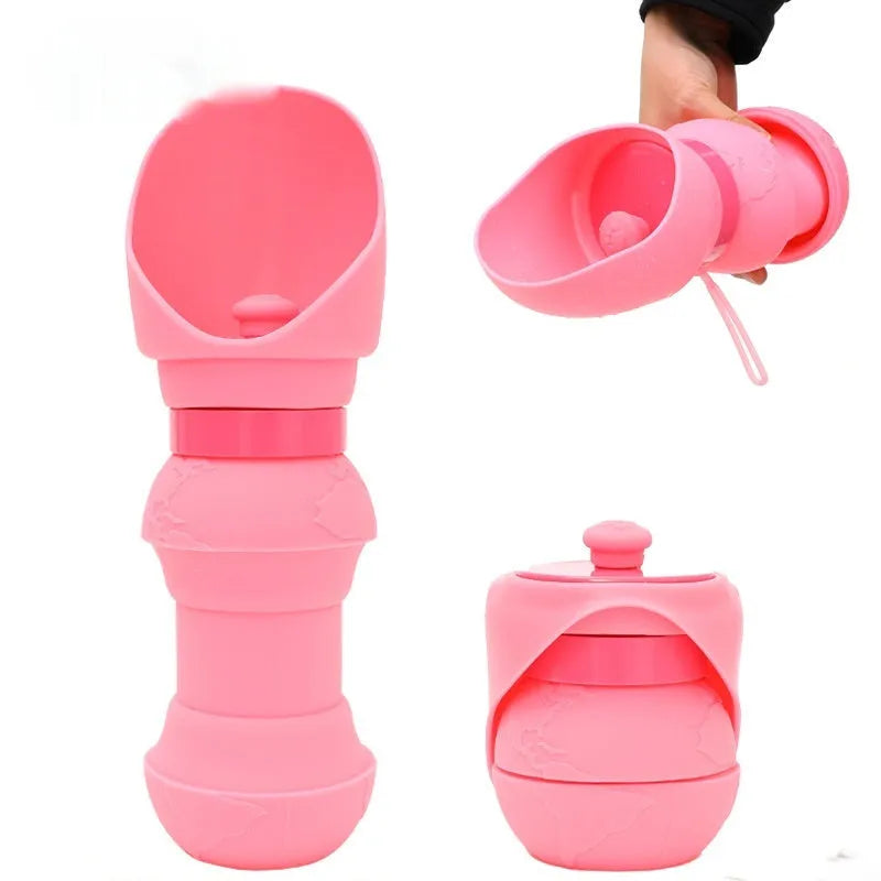 Silicone folding pet water cup shown in collapsed and open positions, available in various colours.