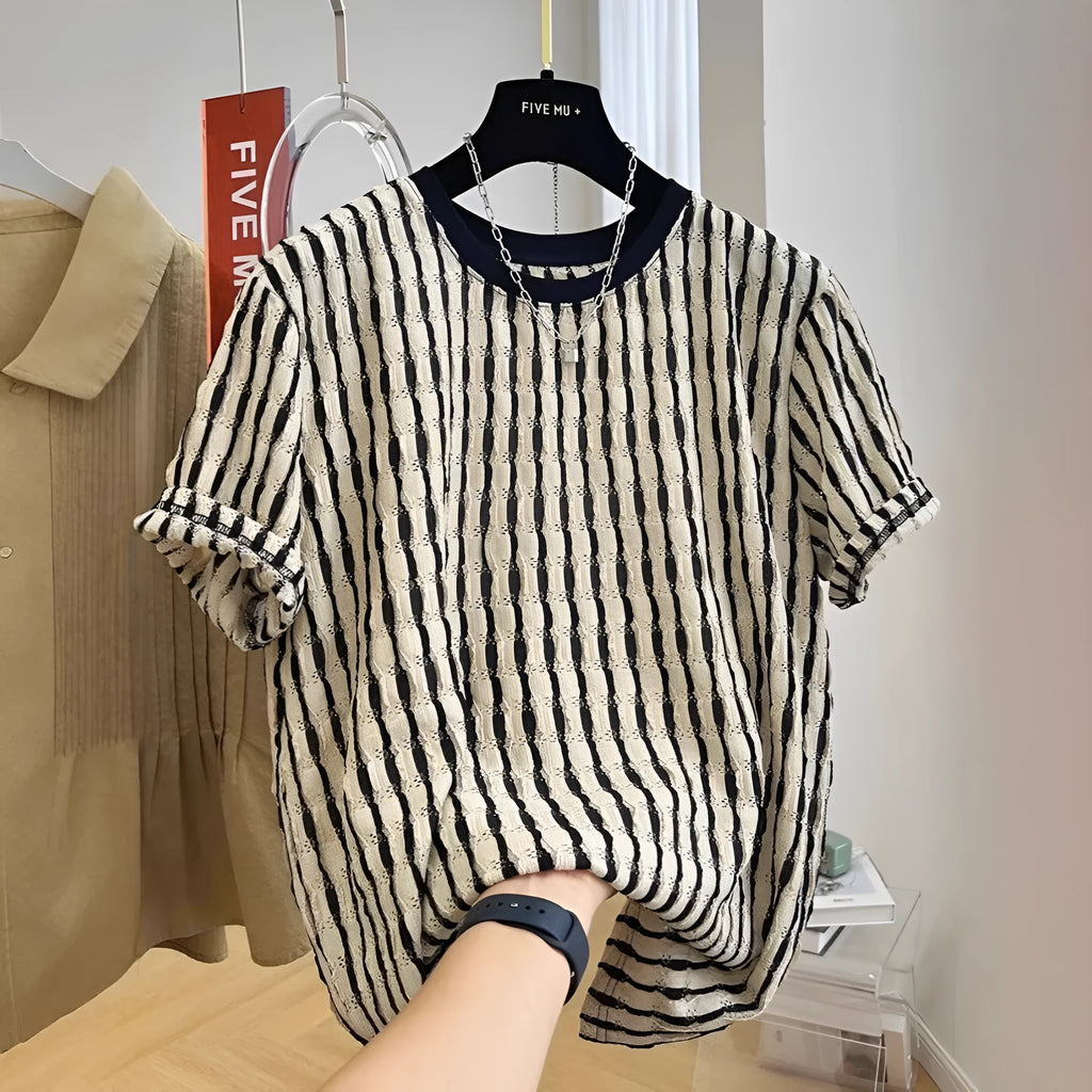 Men's black striped casual short sleeve shirt in loose fit linen-silk blend fabric