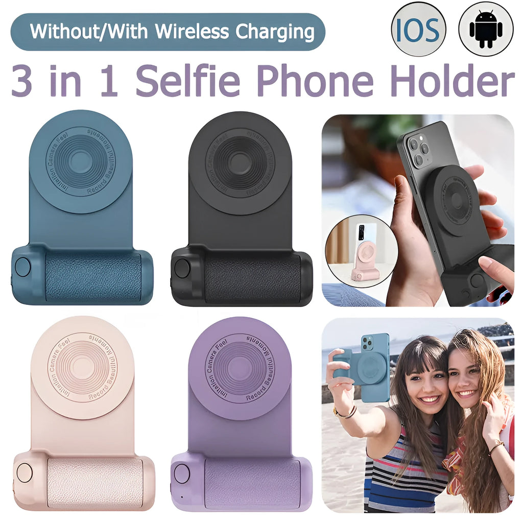 Black magnetic phone camera holder with rotatable grip and ergonomic PU leather handle