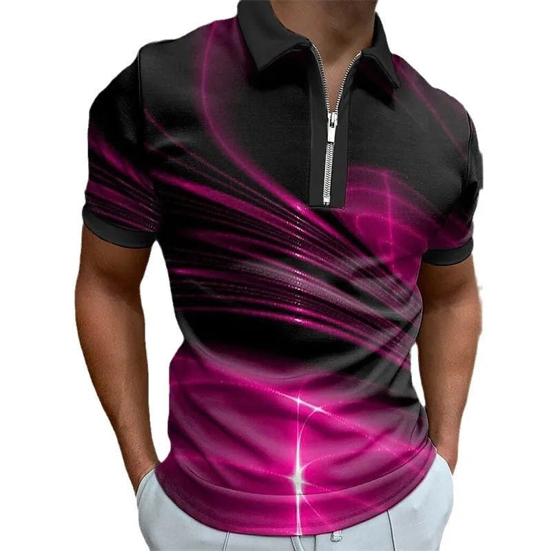 Men's blue lapel collar zipper polo shirt with short sleeves and printed design in bird eye polyester fabric