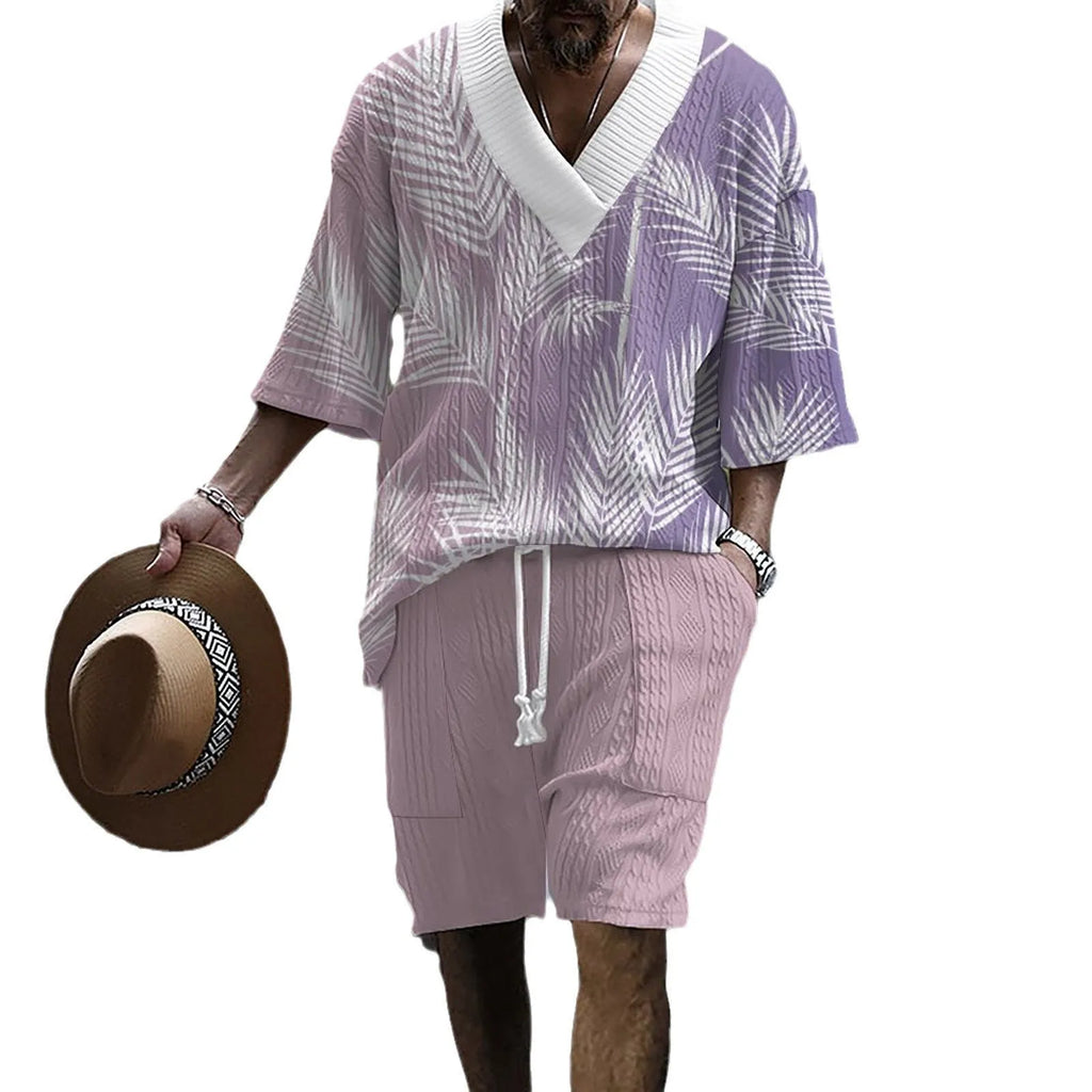 Men's grey printed drop-shoulder knitted short-sleeve top with matching shorts, a casual tracksuit set.