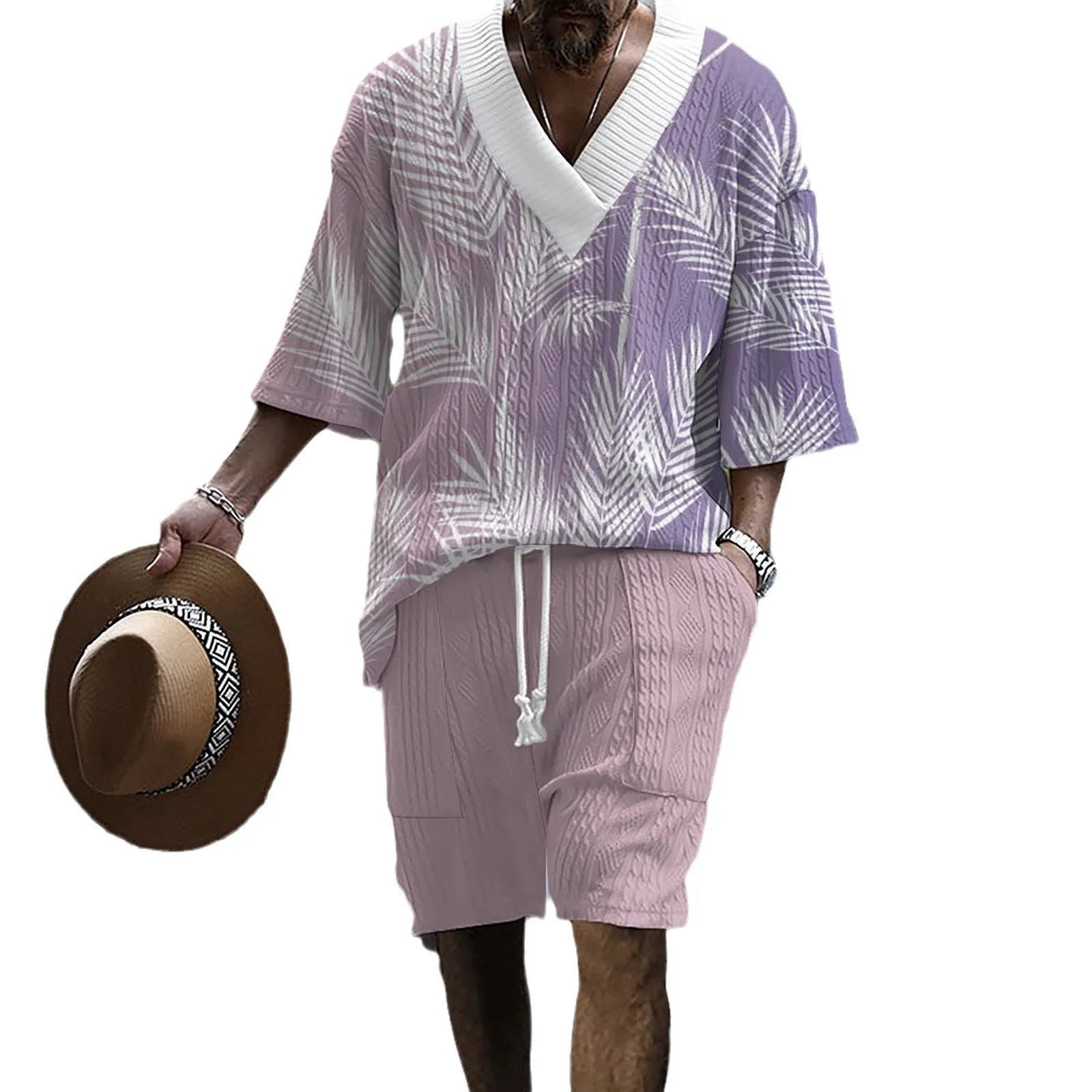 Men's grey printed drop-shoulder knitted short-sleeve top with matching shorts, a casual tracksuit set.