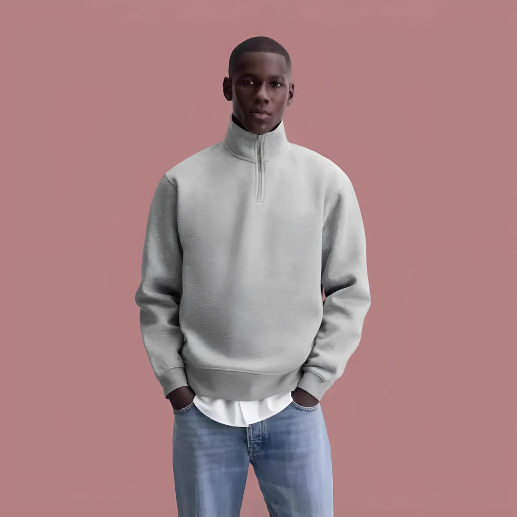 Grey half zip stand collar cotton sweater with long sleeves and grinding finish