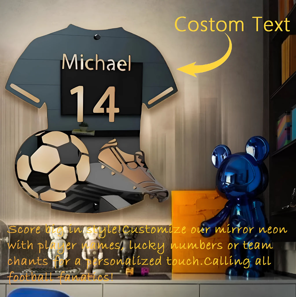 Football jersey shaped acrylic luminous mirror night light with 12 colour LED and remote control on a wall