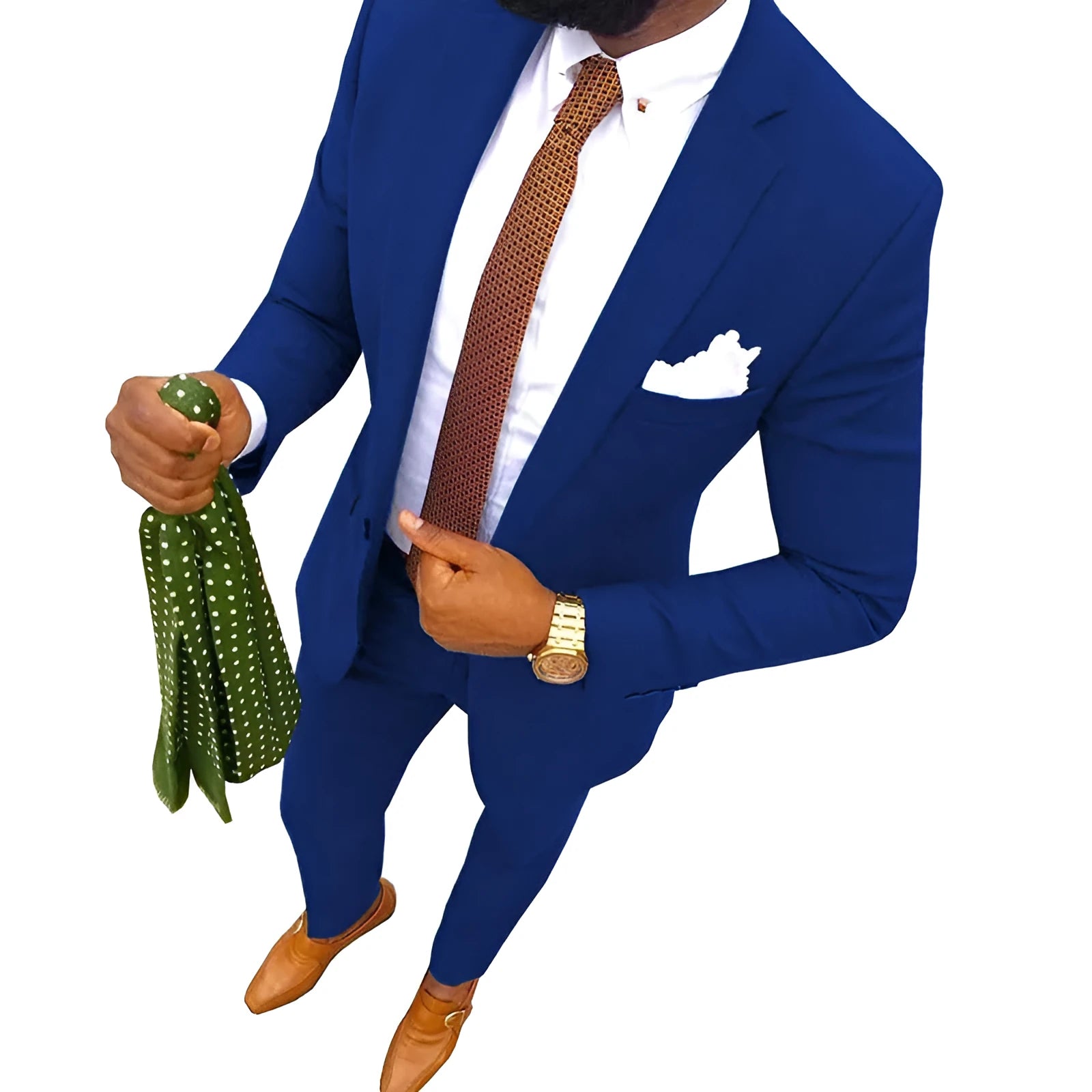 Men's purple cotton banquet suit comprising a jacket and trousers, shown on a hanger.