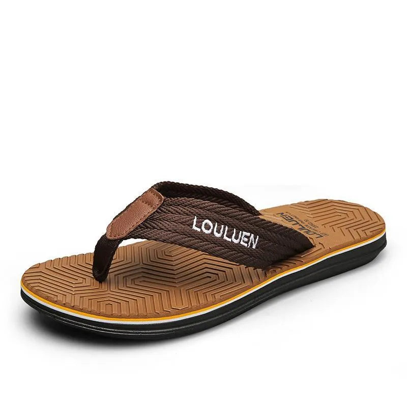 Men's black flip flop sandals with EVA upper and textured PVC sole for non-slip wear.