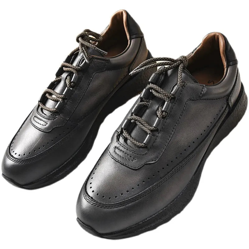 Men's first layer cowhide retro sports casual shoes, lace-up, rubber sole, Brown Coffee Grey, sizes 39-45.
