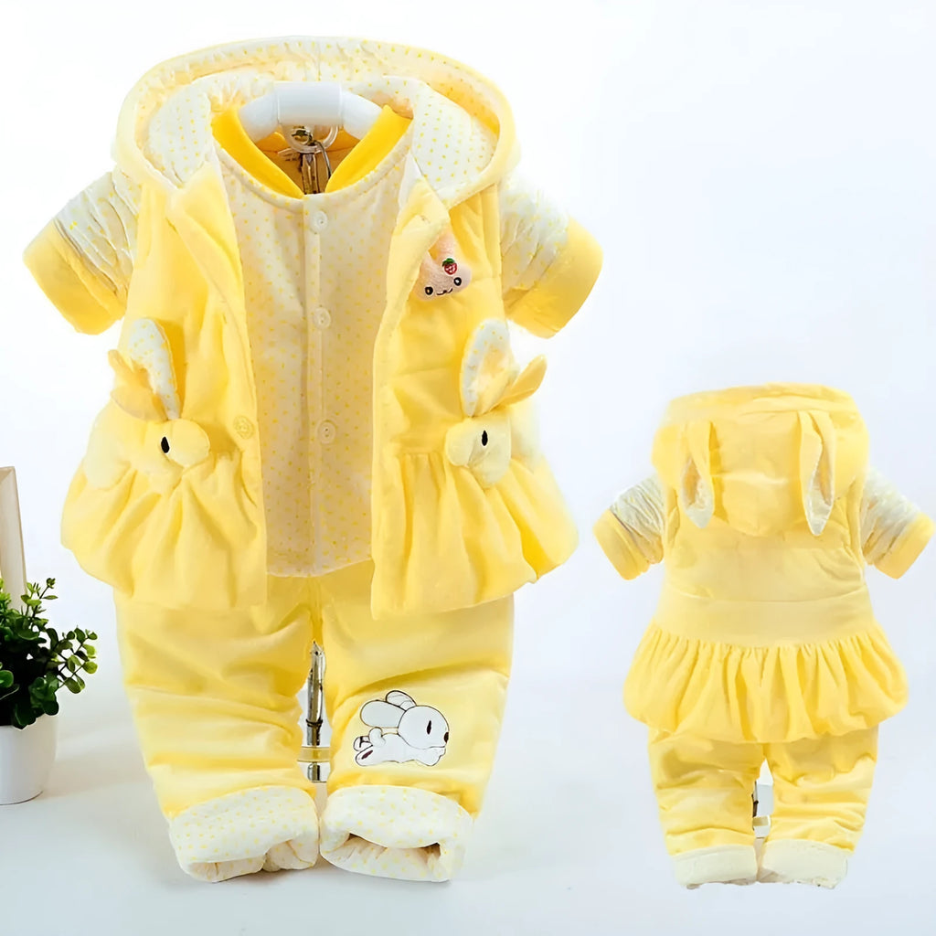 Girls' pink autumn winter three-piece clothing set with jacket, vest, and long trousers on a hanger.