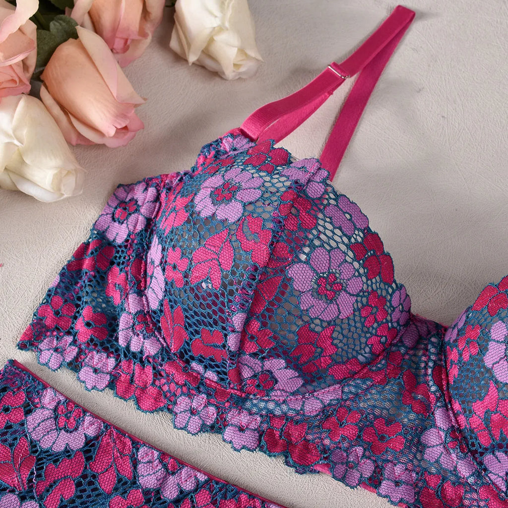 Women's rose red embroidered bikini set with contrast colour design on polyester fabric