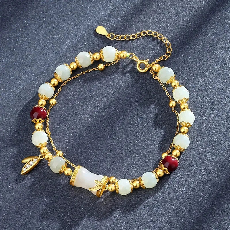 Retro bamboo pattern bracelet with floral glass beads in electroplated finish