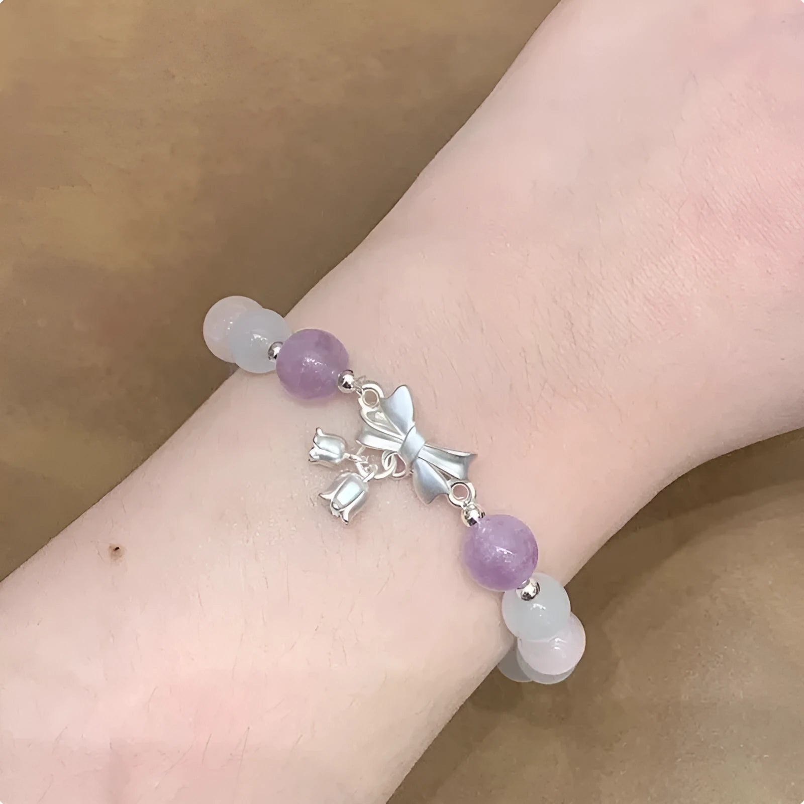 Lavender purple bowknot bracelet with 10mm opal crystal centrepiece for women