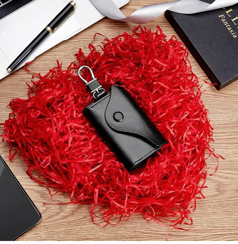 Genuine leather keychain card holder showing square vertical design and internal key organisation